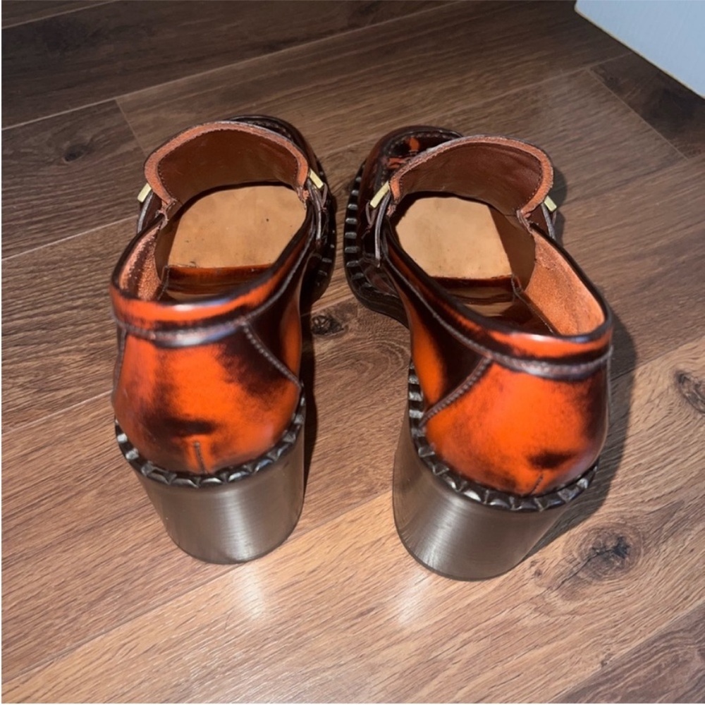 Prada Burnished Orange and Brown Leather Heeled Loafers - Picture 4 of 8